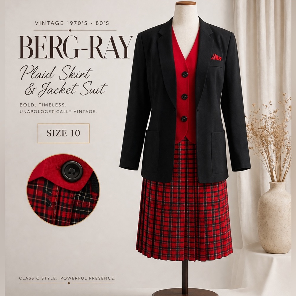 Vintage 80s Plaid Skirt Suit Set Red Black Power Suit Berg-Ray 10 Secretary Chic